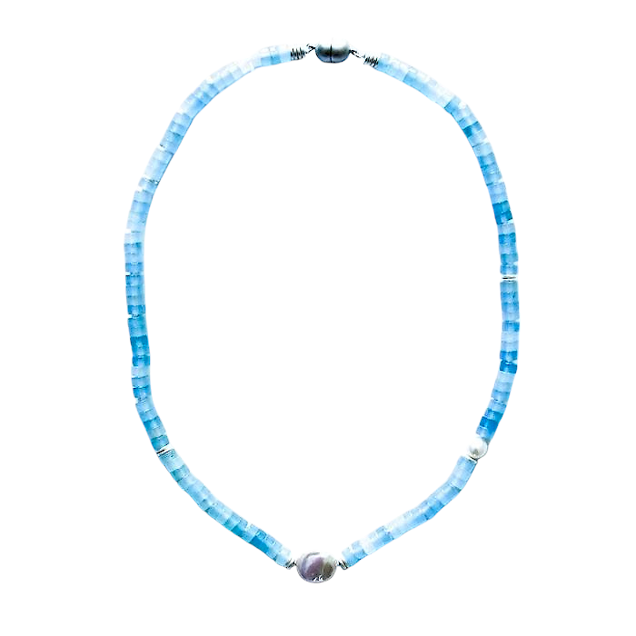 Aqua Quartz Necklace With Coin Pearl