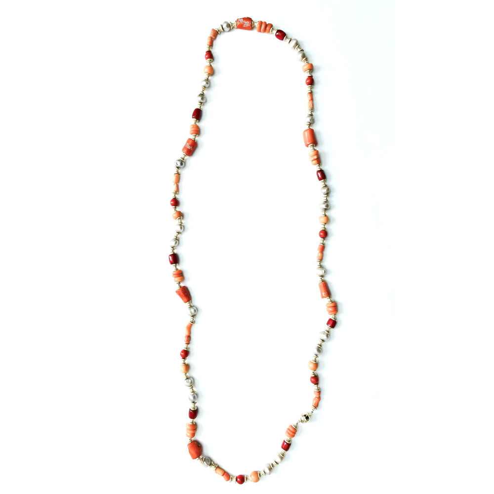 Long Coral, Hematite & Pearl Necklace