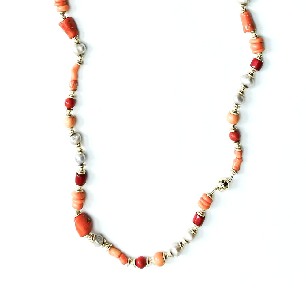 Long Coral, Hematite & Pearl Necklace