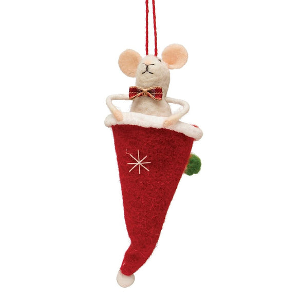 Mouse in a Santa Hat Felted Ornament