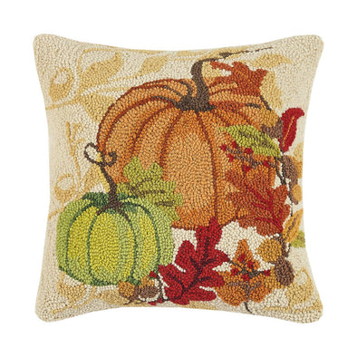 Harvest Fall Pumpkin & Leaves Hooked Pillow