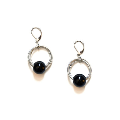 Silver Wire Loop Earring with Black Agate Bead
