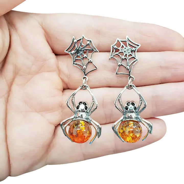 Amber Spider & Web Dangle Earrings