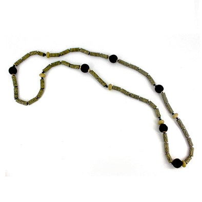 Long Hematite Necklace with Black Glass Beads