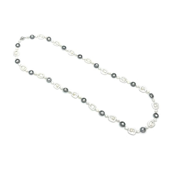 Silver & Black Geometric Necklace with White Pearls
